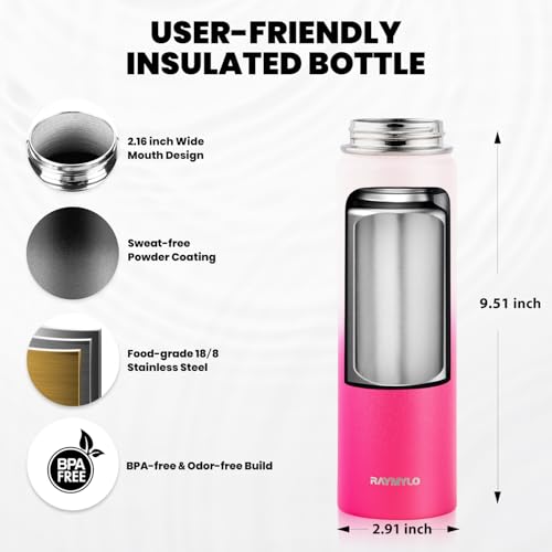 Image of RAYMYLO Insulated Water Bottle 20 oz, Triple Wall Vacuum Stainless Steel (Cold for 24Hrs, Hot for 12Hrs), Leak Proof & Non-BPA, Modern Water Bottle Jug for School with Straw Spout Lids
