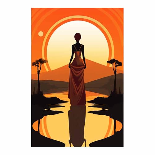 Décoration murale moderne silhouette femme savane africaine brun rouille 80x120cm