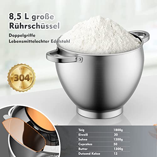 Küchenmaschine Homelux 2000W Knetmaschine,8,5 L Küchenmaschine,Teigmaschine,6 Geschwindigkeiten, inkl 3-Teiligem… – Bild 7
