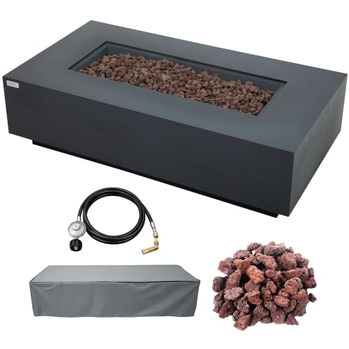 Image of AMS Creations | Madison 60 inch Rectangular Propane Gas Outdoor Fire Pit Table | Dark Gray Concrete GFRC | Smooth Texture or Surface | Electronic Ignition | Outside Backyard Fireplace