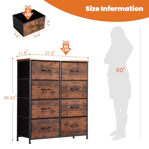 Sweetcrispy Dresser for Bedroom with 8 Storage Drawers, Large Fabric Storage Tower Organizer, Chest of Drawers with Metal Frame Wooden Top for Nursery, Closet, Living Room, Entryway, Rust Brown - Image 3