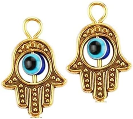 10 Small Ornate Hamsa Hand of Fatima Charms 18x13mm Opaque Blue Glass Bead Gold Tone (CB026)