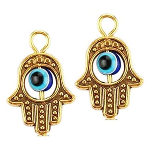 10 Small Ornate Hamsa Hand of Fatima Charms 18x13mm Opaque Blue Glass Bead Gold Tone (CB026)