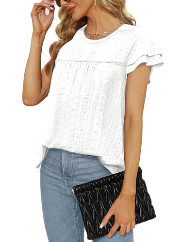 Zwurew Womens Summer Tops Crewneck Eyelet Ruffle Sleeve Blouses Casual Babydoll Shirts 2025 S-2XL2