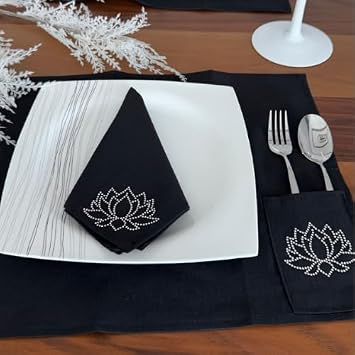 Dinner Presentation Set American Serving Set for 6 People Fabric Napkin Lotus Flower Flatware (Black)