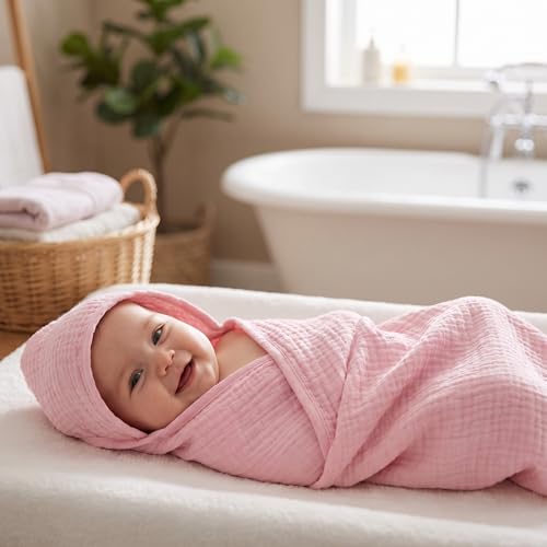 Image of Peryiter 6 Pcs Muslin Hooded Baby Towels, 32 inchx 32 inch Cotton Newborn Bath Towel Muslin Infant Baby Blankets Absorbent Unisex Newborn Registry Gift Essentials for Girls Boys (Light Color Series)