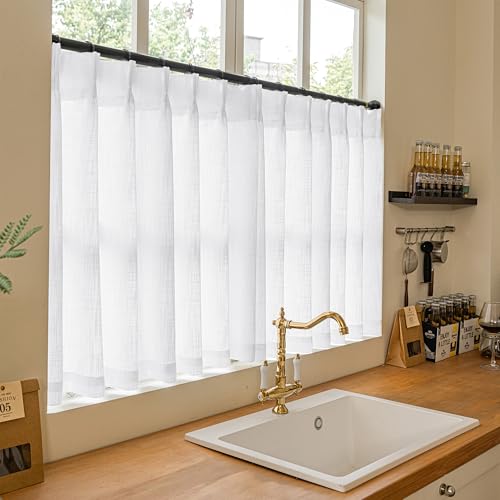 Image of White Linen Kitchen Window Curtains 2 Panels Pinch Pleated Linen Cafe Curtains 24 Inch Length Light Filtering Semi Sheer Boho Snow White Short Tier Drapes for Small Window Basement Bathroom RV