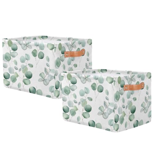 Image of Eucalyptus Leaves Storage Baskets for Organizing, Fabric Collapsible Storage Bins Box Sage Green Decorative Toy Organizer Baskets for Closet Shelves Gift Basket 2Pcs