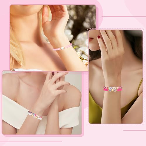 Image of Preppy Bracelets Set Colorful White Gold Smile Heart Star Polymer Beaded Pearl Clay Stackable Charm Y2K Kidcore Aesthetic Summer Beach Bohemian Stretch Layering Bracelets Jewelry for Girls Women Teens