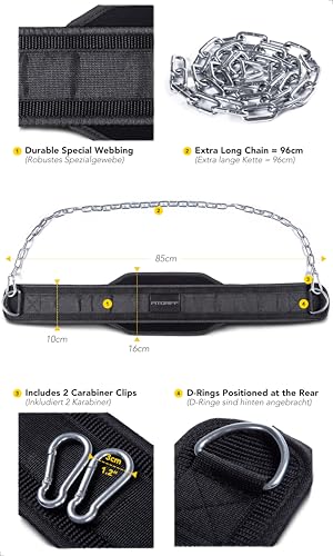 Fitgriff® Dip Gürtel mit Kette + 2 Karabiner, Dip Belt für Bodybuilding, Krafttraining, Gewichtheben - Gewichthebergürtel, Gewicht Gürtel (Schwarz, Onesize)