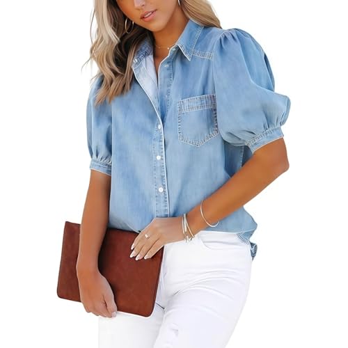 Short Sleeve Denim Shirt for Women Casual Washed Distressed Puff Sleeve Button up Shirt Jean Work Business Trendy Top