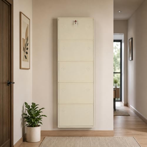 Image of 5 Door Wall Mounted Metal Shoe Rack Cabinet, Ivory, 63x21x6 Inch