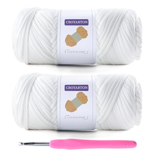Image of 2 Pack T Shirt Yarn for Crocheting with 1 Crochet Hook, Elastic Tshirt Yarn for Crochet Bag /Baskets /Home Decor, Spaghetti Yarn Thick Knitting Yarn Total Length 130 Yds, Weight 14 Oz (White)