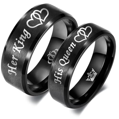 Her King His Queen Couple Ring Promise Wedding Band Heart to Heart Crown Stainless Steel Ring 6mm 8mm Comfort Fit Size 6-133