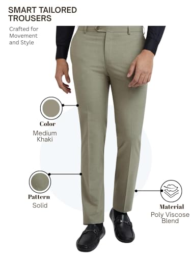 Image of Raymond Men's Slim Fit Mid Rise Solid Pattern Poly Viscose Blend Flat Front Formal Trouser
