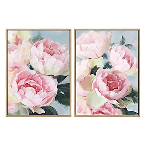 Framed Pink Floral Wall Art Set - Pink Flower Canvas Wall Decor Pastel Peony Bouquets Artwork with Texture for Bedroom Kitchen Living Room Office Decor, 24" x 32" x 2 Cover