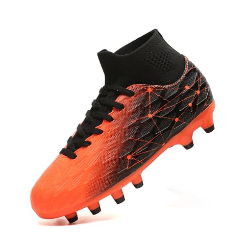 Hanani Boys Girls Soccer Cleats for Kids Football Shoes High Top Training Youth Football Cleats Outdoor/Indoor Athletic Turf Shoes Black Orange