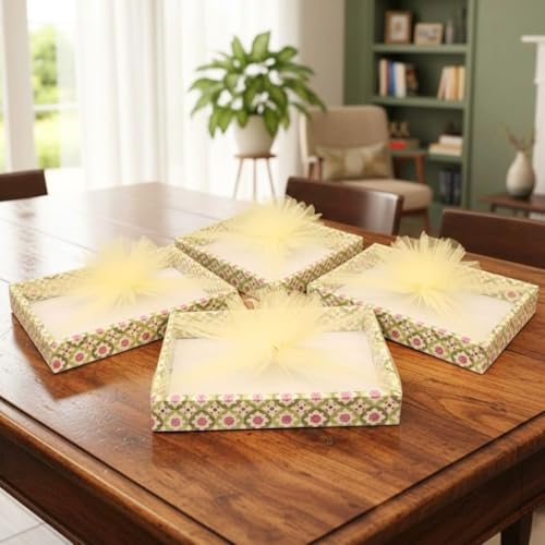 Image of SATYAM KRAFT 6 Pcs Multipurpose Decorative Folding Gift Box, Gift hampers | Paper Gift Hamper Boxes for christmas wedding Return Gifts, Sweets, DIY Craft | Rectangular Cardboard Tray with Net (Green)