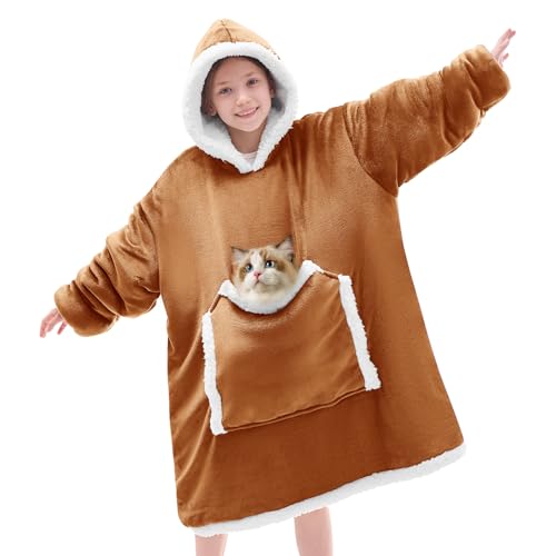 JOYWOO Caramel Kids Wearable Blanket Hoodie, Oversized Cat lovers Hoodie Blanket for kids & Teens,Birthday Gifts for Girl Boys,Cozy Fuzzy Sherpa Fleece Blanket Giant Pocket Winter Gifts,Caramel