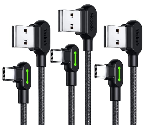 Type C USB 90 Degree Right Angle Elbow Design Game LED Strong Nylon Braided Sync Charge USB Data Cable Compatible Samsung Galaxy S20 S10 S9 S8 Plus Note10 LG Google Pixel and More (3 Pack,10FT)