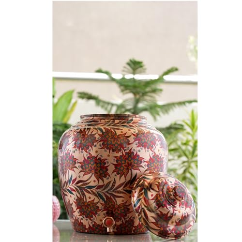 Image of INDIAN ART VILLA Red and Blue Floral Print Design Copper Water Dispenser Pot Matka, Storage, Home Garden, 13 liter