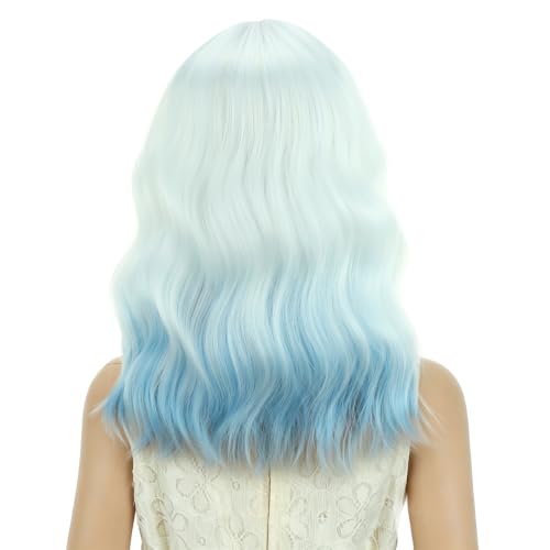 Image of PATTNIUM Girls White Ombre Blue Short Wavy Curly Wig with Bangs Kids Ombre Blue Bob Wigs Synthetic Halloween Costume Cosplay Party Wigs
