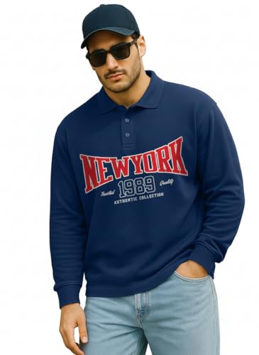 Image of Veirdo Men's Oversized Loopknit Cotton Polo Neck T-Shirt | Oversized Baggy Fit Full Sleeve Casual Streetwear Top with Ribbed Cuffs S-XXL