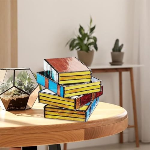 Bhmvase Stained Glass Stacked Books Lamp, Stacked Books Glass Lamp, Handcrafted Glass Nightstand Desk Book Lamps, Desk Reading Lamp for Kids Room Living Room Office Dorm - Thumbnail 4