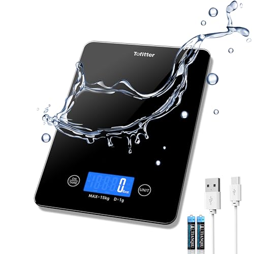 Tofitter Digital Kitchen Scales Large Food Scales –15kg/33lb Capacity, USB Rechargeable & Battery Operated, 1g/0.1oz Precision, 6 Units, Easy-Clean Glass Platform- for Cooking & Baking & Meal Prep
