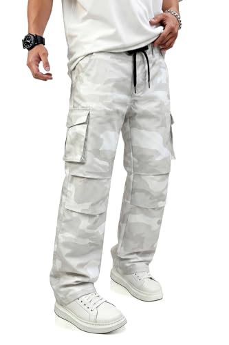 GINGTTO Baggy Camo Pants Men Cargo White Wide Leg Fashion Y2K Streetwear Drawstring Stretch 34