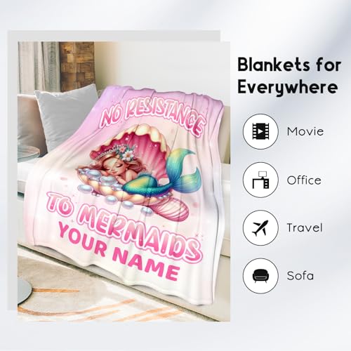 Custom Mermaid Blanket for Girls - Black Soft Fuzzy Throw Blanket Gifts - 60x80 Inches Cute Blankets for Bed, Couch & Living Room