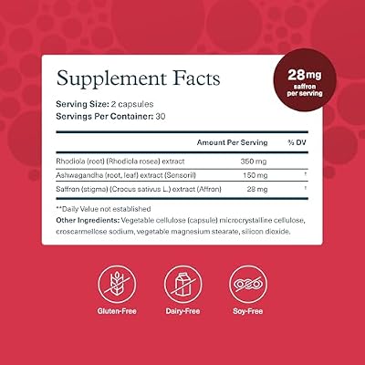 Youtheory Saffron - 60 Capsules (30 Day Supply) - Certified Capsules with Ashwagandha & Rhodiola Rosea - Uplifts & Maintains Healthy Mood* -Supports Focus & Sleep* - Gluten & Sugar-Free Supplement