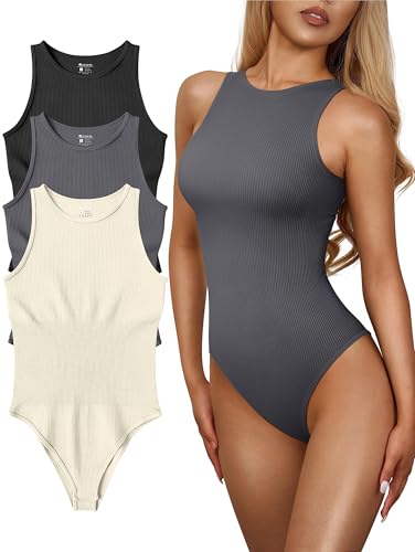 Image of OQQ Women's 3 Piece Bodysuits Sexy Ribbed One Piece Sleeveless Halter Neck Tops Leotard Summer Trendy