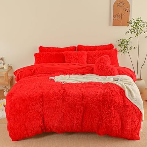 HAIHUA Faux Fur Plush red Comforter Cover Queen Set 9 Pieces，Shaggy Luxury red Bedding, Soft Fluffy Bed Sets Full Queen with Duvet Cover and Sheets (Red, Full/Queen) Cover