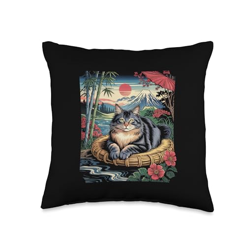 Norwegian Forest Cat Mt Fuji Japanese Ukiyo-e Woodblock Throw Pillow