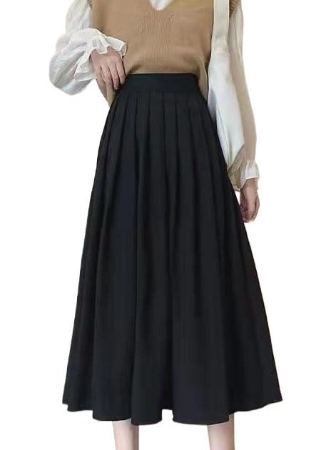 Women Vintage High Waist Pleated Midi Skirt A Line Casual Autumn Winter Fashion