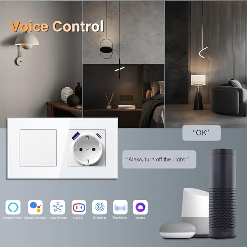 BSEED Steckdose mit PD USB/TYPE C Lichtschalter Unterputz 1 Fach 1 Weg WIFI Smart Lichtschalter (Neutralleiter Erforderlich), Compatibel mit Alexa/Google Home，157mm，Wei&szlig;