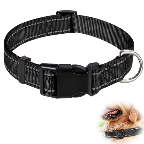 Hundehalsband, reflektierendes Hundehalsband mit Sicherheitsschnalle, verstellbares Halsband für kleine, mittelgroße und große Hunde, Schwarz, Größe M (35–50 cm)