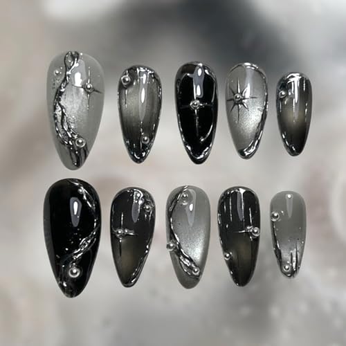 30Pcs Silver Chrome Press on Nails Medium Almond Fake Nails with 3D Metal Irregular Silver Design Black Glossy False Nails Glitter Full Cover Star Reusable Punk Y2k Artificial Stick on Nails for Women