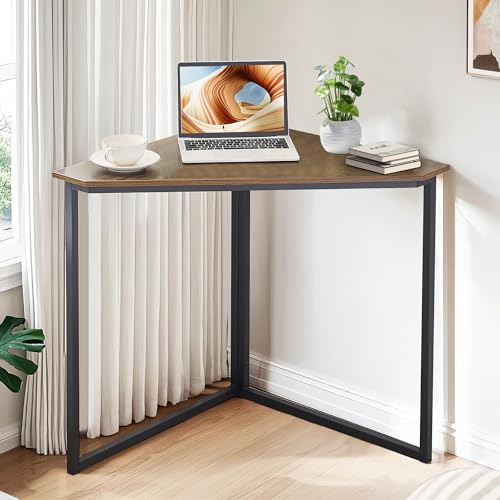 VECELO Triangle Computer Desk, Corner Table with Steel Frame and Shelves for Small Spaces, Brown, 33.1