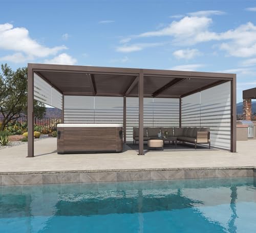 PURPLE LEAF Outdoor 12\' Ã— 20\' Louvered Pergola with Roller Blinds Patio Adjustable Aluminum Canopy Retractable Metal Roof for Deck Outside Backyard Hardtop Gazebo Sun Shade, 2 Short and 1 Long Side