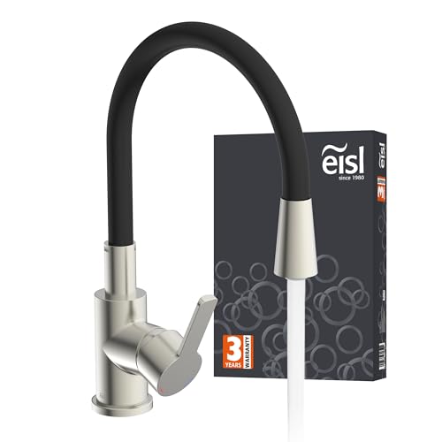 EISL Flexo NI186FLNIB Robinet d'évier de cuisine flexible en acier inoxydable/noir, bec haut avec tuyau doux au toucher, orientable à 360 degrés, économie d'eau