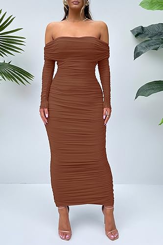 Prettygarden Women'S Fall Off Shoulder Maxi Bodycon Dress Long Sleeve Ruched Fitted Club Dresses With Slit thumb #3