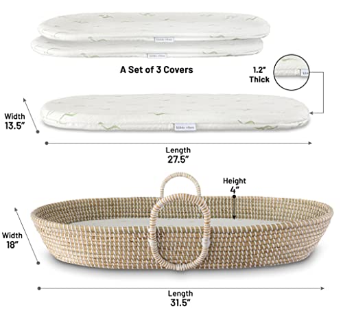 Kiddo Vibes Handwoven Baby Changing Basket With Pad & 3 Waterproof Bamboo Jacquard Covers - Multifunctional Cpsc Compliant Organic Seagrass Baby Moses Basket With A Soft Thick Waterproof Changing Pad #TOP1