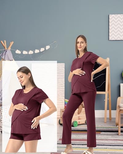 SUNNYBUY 3-teiliges Still-Pyjama-Set für die Zeit nach der Geburt, lässig, weich, Umstands-Pyjama, Nachtwäsche, Loungewear, Kleidungsschicht, Lila Rot XL