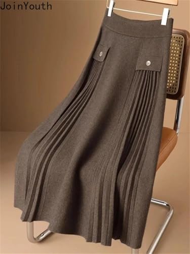 Women Vintage Skirts High Waist A-Line Thicked Korean Loose Saia Knitted Pleated Long Skirt 5