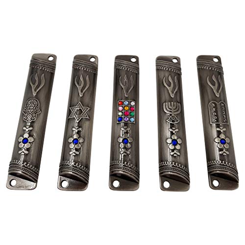 Set Of 5 Pewter Jewish Mezuzah Case With Hoshen 12 Tribes Of Israel Star Of David Menorah Hamsa 10 Commandments Door Mezuza With Scroll 3.5 Inches #TOP2