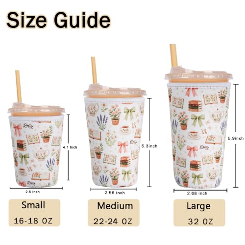 Image of Reusable Insulated Sleeve for Iced Coffee Cup, Coffee Neoprene Sleeve for Cold & Hot Drinks, Beverage Holder for Iced Coffee (Coffee Notes, Medium: 22-24oz)
