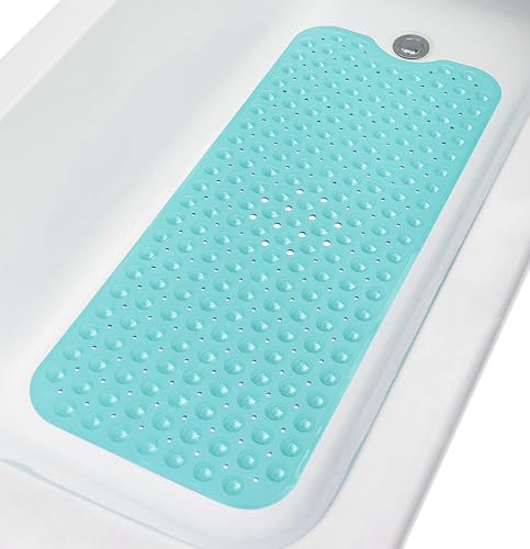 TIKE SMART Extra-Long Non-Slip Bathtub & Shower Mat 39”x16” (Smooth/Non-Textured Tubs Only) Safe, Clean, Machine-Washable, Superior Grip&Drainage, Vinyl, Opaque Turquoise/Green-Blue