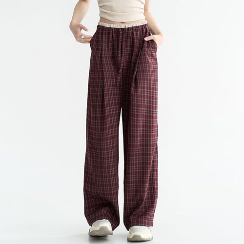Women's Y2K Goth Baggy Wide Leg Plaid Pants Drawstring High Waist Color Blocking Casual Elastic Waist Trouser2